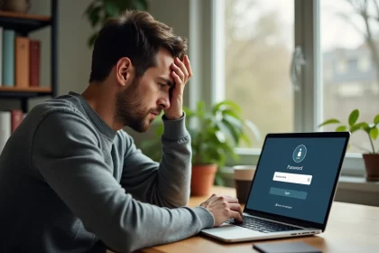 Homme frustré devant son ordinateur portable essayant de récupérer un mot de passe oublié sur un portail en ligne