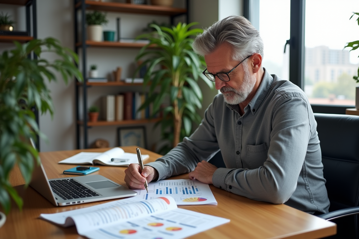 Homme d age moyen prend des notes sur un rapport Google Ads