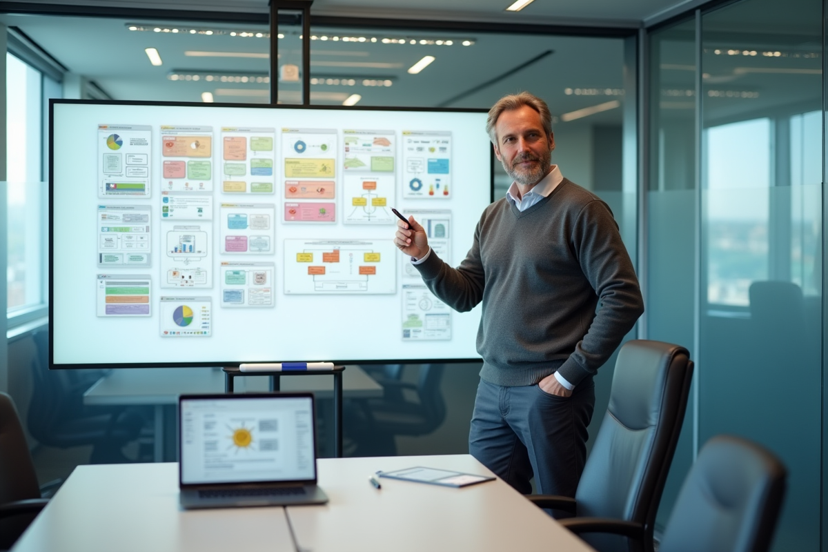 Homme expliquant une automatisation no-code devant un tableau blanc