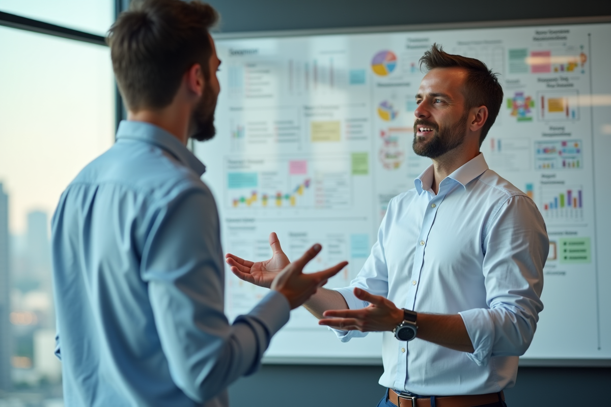 Homme expliquant une strategie SEO devant un tableau blanc