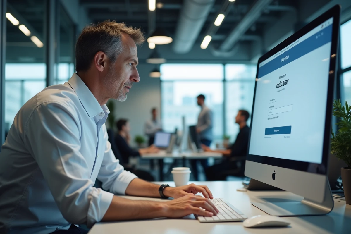 Homme professionnel tentant de résoudre un problème de connexion à sa messagerie webmail dans un bureau moderne