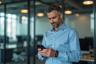 Homme professionnel en bleu examine un téléphone robuste au bureau