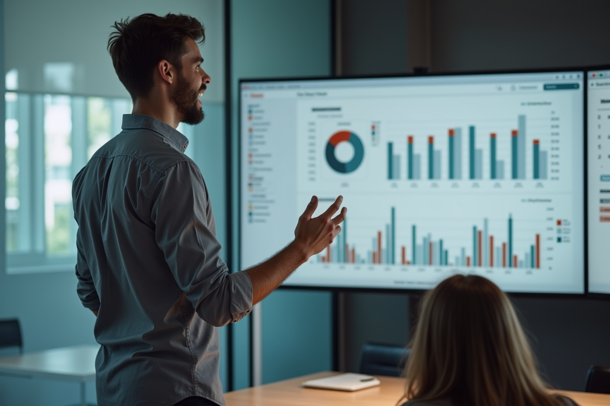 Jeune homme expliquant des analyses de site web lors d
