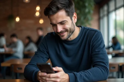 Homme utilisant un smartphone Android Pixel 6 dans un café urbain moderne
