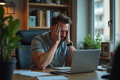 Homme stress&eacute; au bureau &agrave; domicile en tenue d&eacute;contract&eacute;e