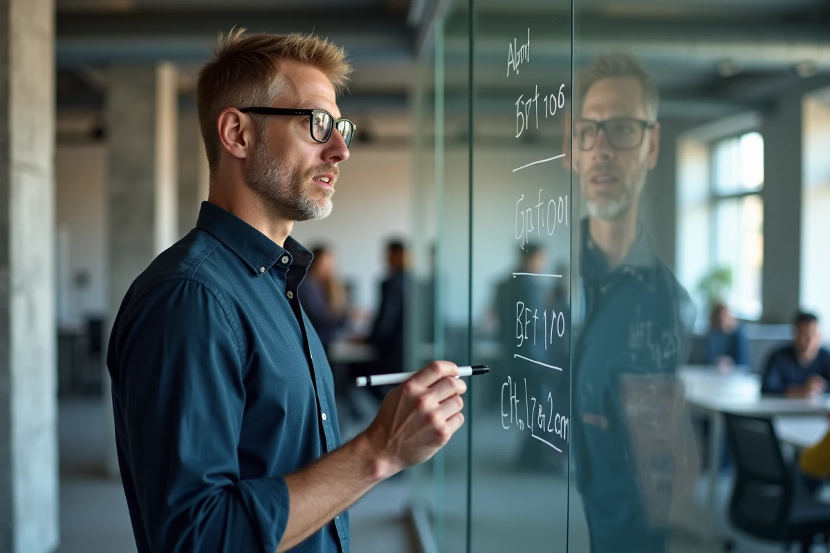 Homme écrivant des valeurs de conversion Go et Mo sur un tableau blanc dans un bureau technologique moderne