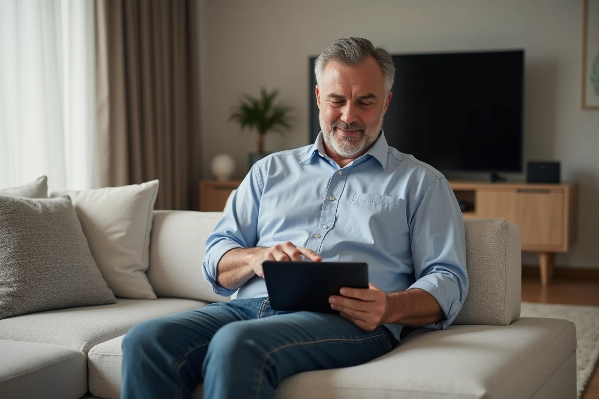 Homme d&eacute;tendu utilisant une tablette dans un salon cosy