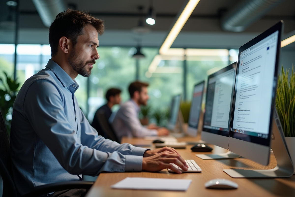 Homme en coworking comparant des sites PDF en ligne