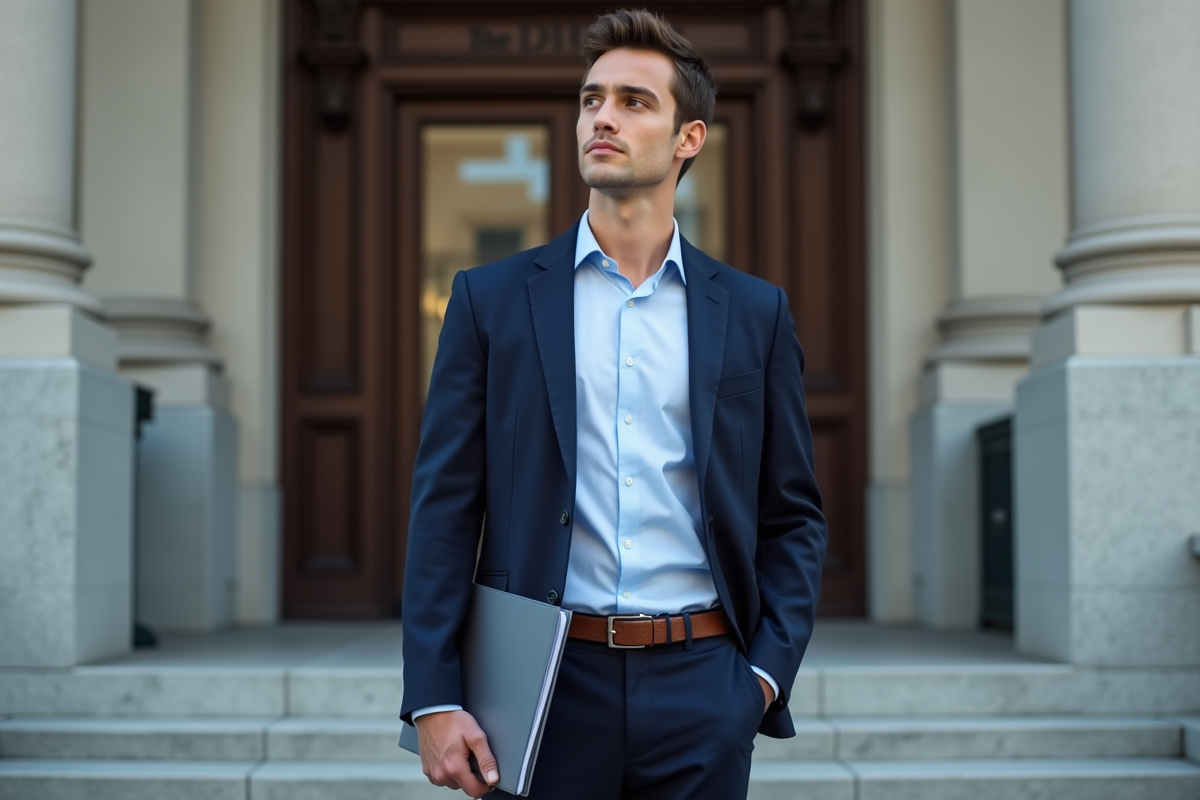 Jeune homme professionnel devant un tribunal en extérieur