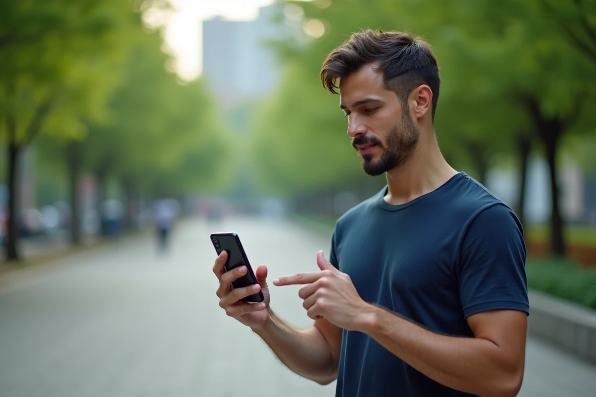Homme en extérieur dans un parc urbain partageant une image depuis son smartphone via une interface mobile