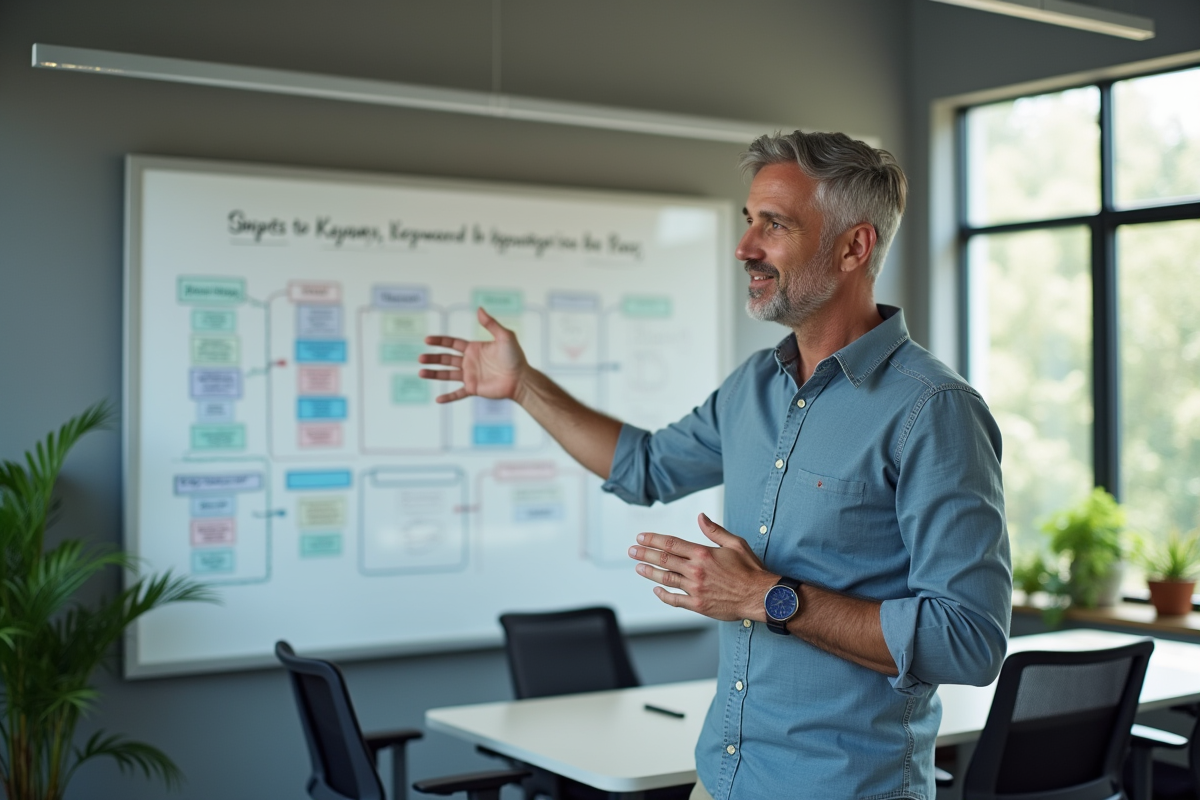 Homme en discussion devant un tableau blanc dans un espace de travail