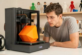 Homme inspectant une imprimante 3D FDM en cours d'impression dans un bureau à domicile
