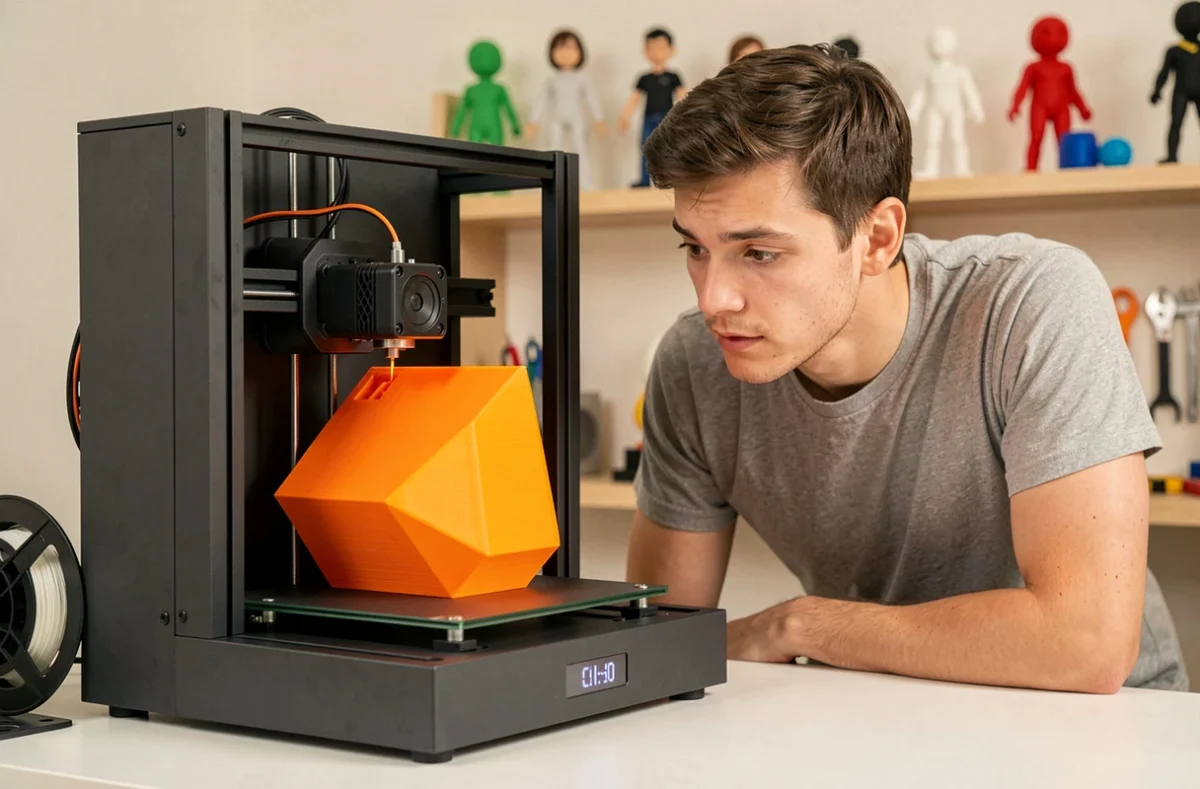 Homme inspectant une imprimante 3D FDM en cours d'impression dans un bureau à domicile