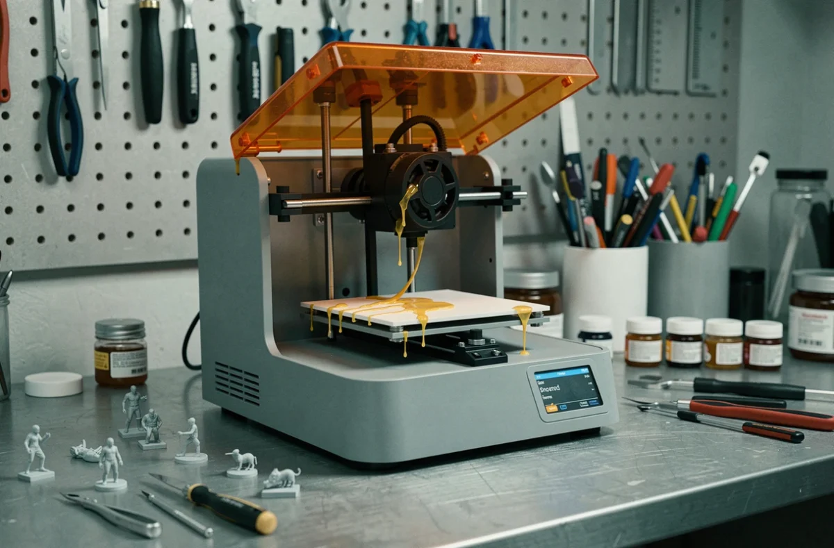 Imprimante 3D résine en cours d'impression sur un établi d'atelier organisé avec des miniatures finies