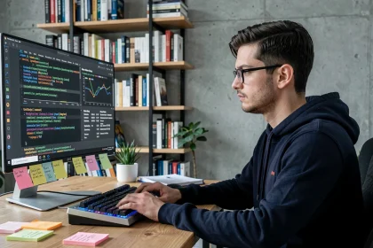 Ingénieur logiciel analysant des tableaux de conversion d'octets sur un écran d'ordinateur dans un bureau moderne