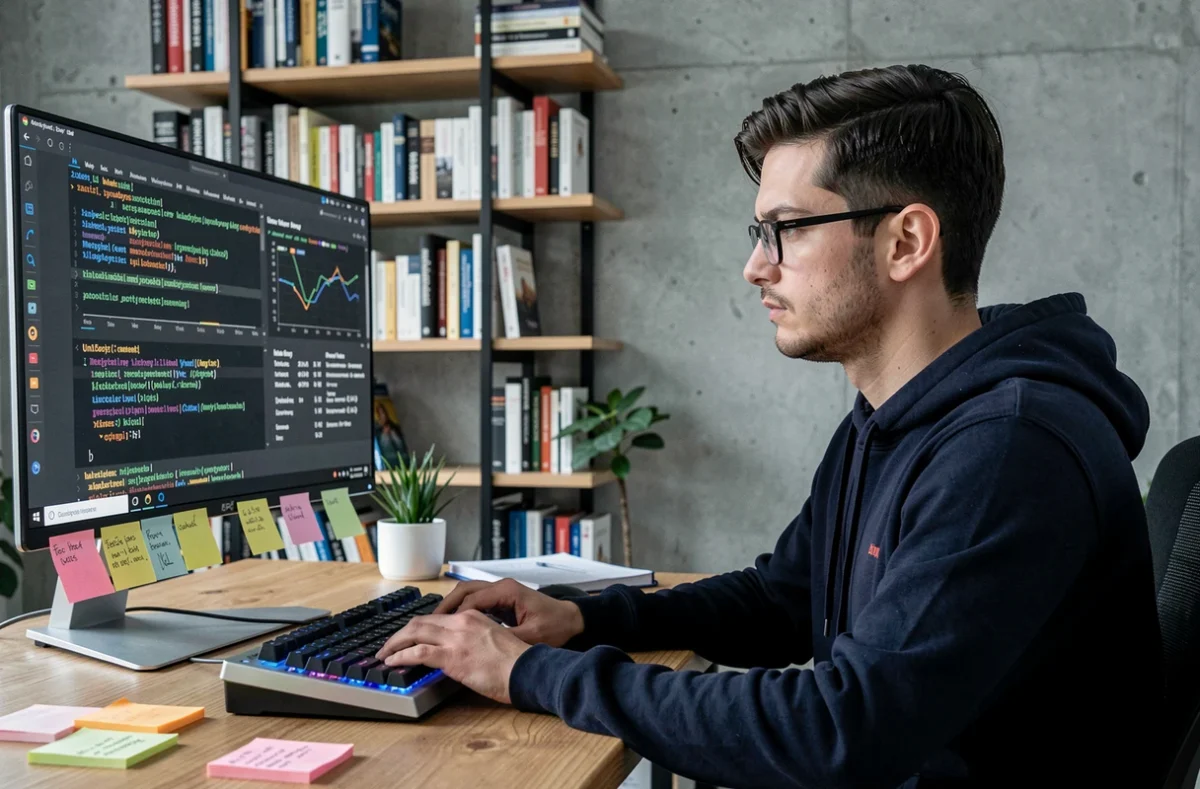 Ingénieur logiciel analysant des tableaux de conversion d'octets sur un écran d'ordinateur dans un bureau moderne