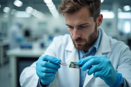 Ingénieur en laboratoire inspectant un microcircuit électronique avec des pinces de précision
