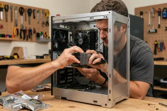 Technicien installant une carte graphique RTX dans un PC tour lors d'une mise à niveau de configuration gaming
