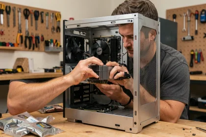 Technicien installant une carte graphique RTX dans un PC tour lors d'une mise à niveau de configuration gaming