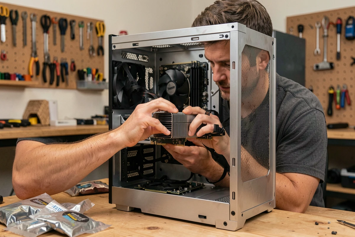 Technicien installant une carte graphique RTX dans un PC tour lors d'une mise à niveau de configuration gaming