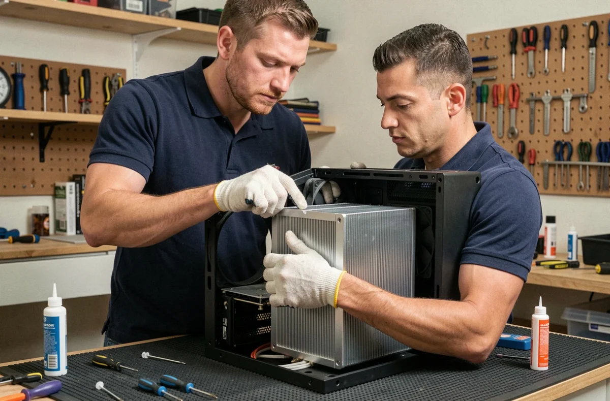 Technicien installant un refroidisseur liquide ARCTIC 360mm RGB dans un PC, évitant les erreurs courantes de montage