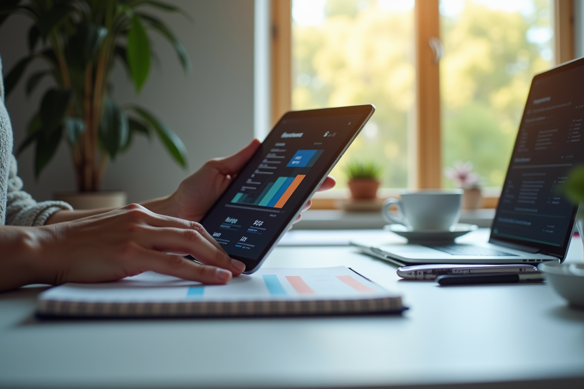 Main utilisant une tablette pour un tableau de bord IA dans un espace créatif