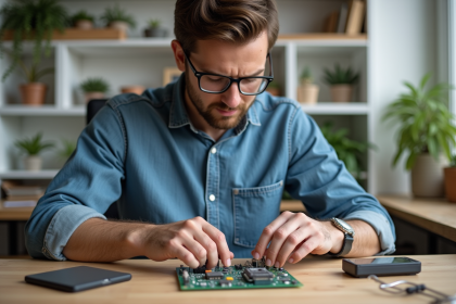 Jeune homme ingénieur assemble thermostat connecté sur un plan de travail