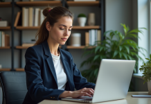Sécurisation des données : Comment protéger efficacement sa confidentialité en ligne ? Femme en blazer bleu assise au bureau à la maison