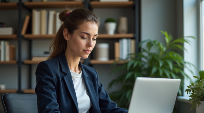 Femme en blazer bleu assise au bureau à la maison