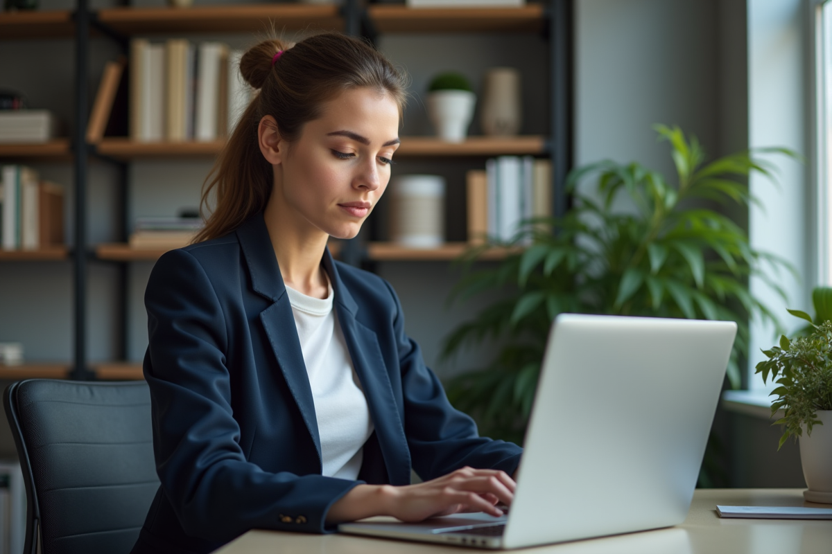 Femme en blazer bleu assise au bureau à la maison