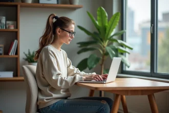 Jeune femme en sweat et jeans au bureau à domicile