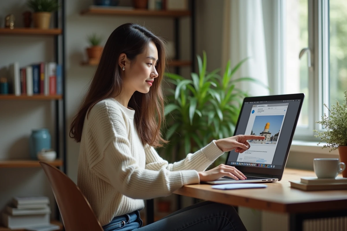 Jeune femme au bureau à domicile utilisant son ordinateur