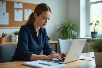 Jeune femme professionnelle travaillant sur un ordinateur dans un bureau lumineux