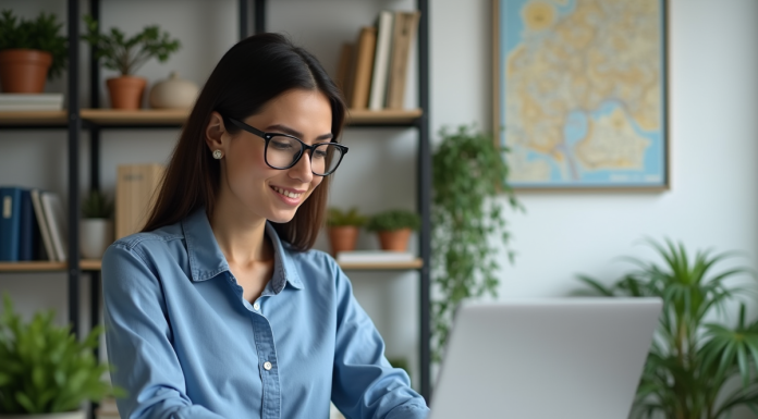 Jeune femme professionnelle travaillant sur un ordinateur dans un bureau moderne