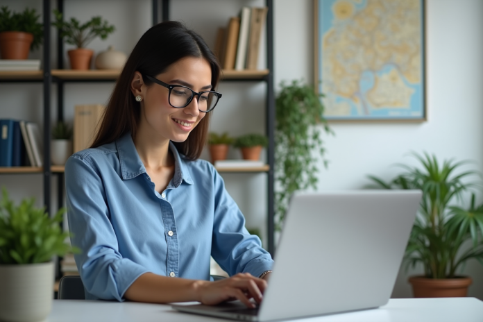Jeune femme professionnelle travaillant sur un ordinateur dans un bureau moderne