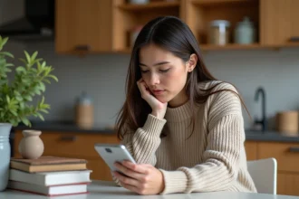 Jeune femme pensant à son téléphone dans une cuisine moderne