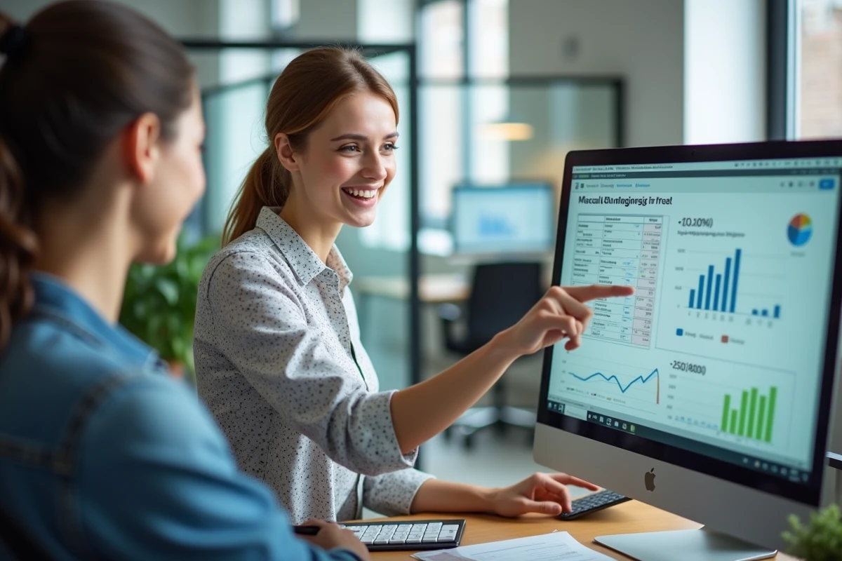 Jeune femme souriante expliquant des calculs de marges et TVA