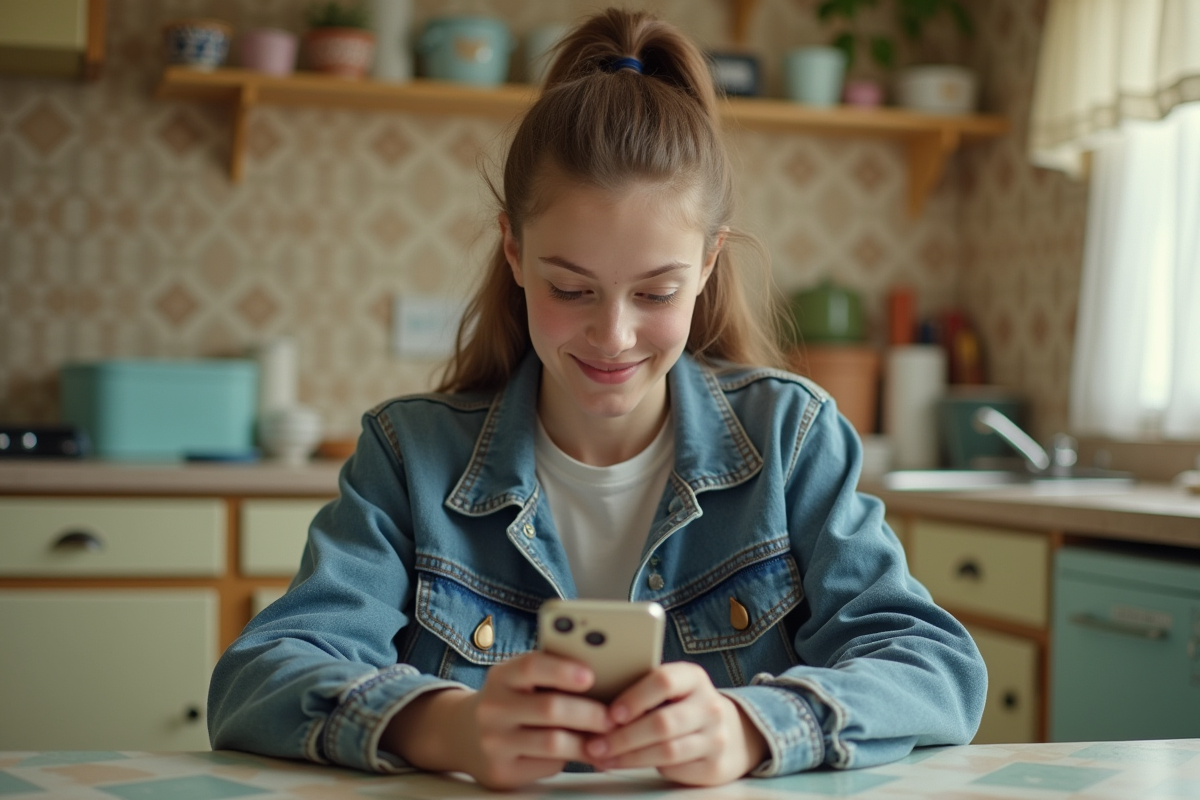 Jeune femme examine un vieux téléphone mobile dans une cuisine