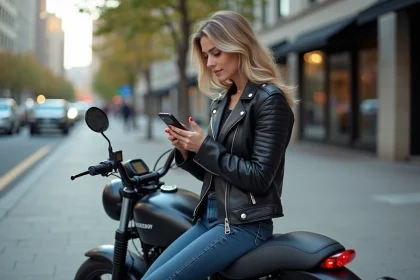 Jeune femme en moto vérifiant Google Maps en ville