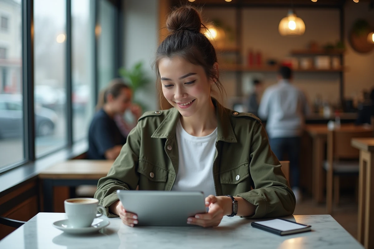 Jeune femme partageant des fichiers via SwissTransfer sur une tablette dans un café urbain