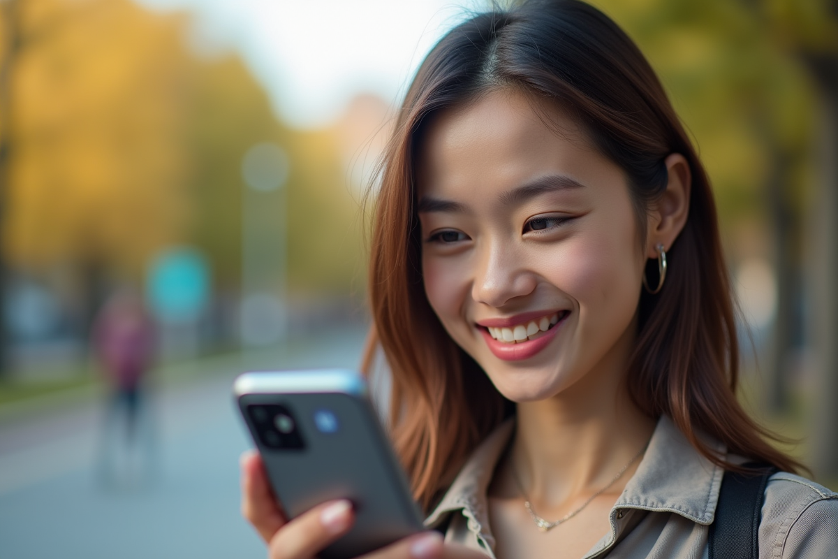 Jeune femme souriante en extérieur lors d’un appel vidéo sur smartphone 5G