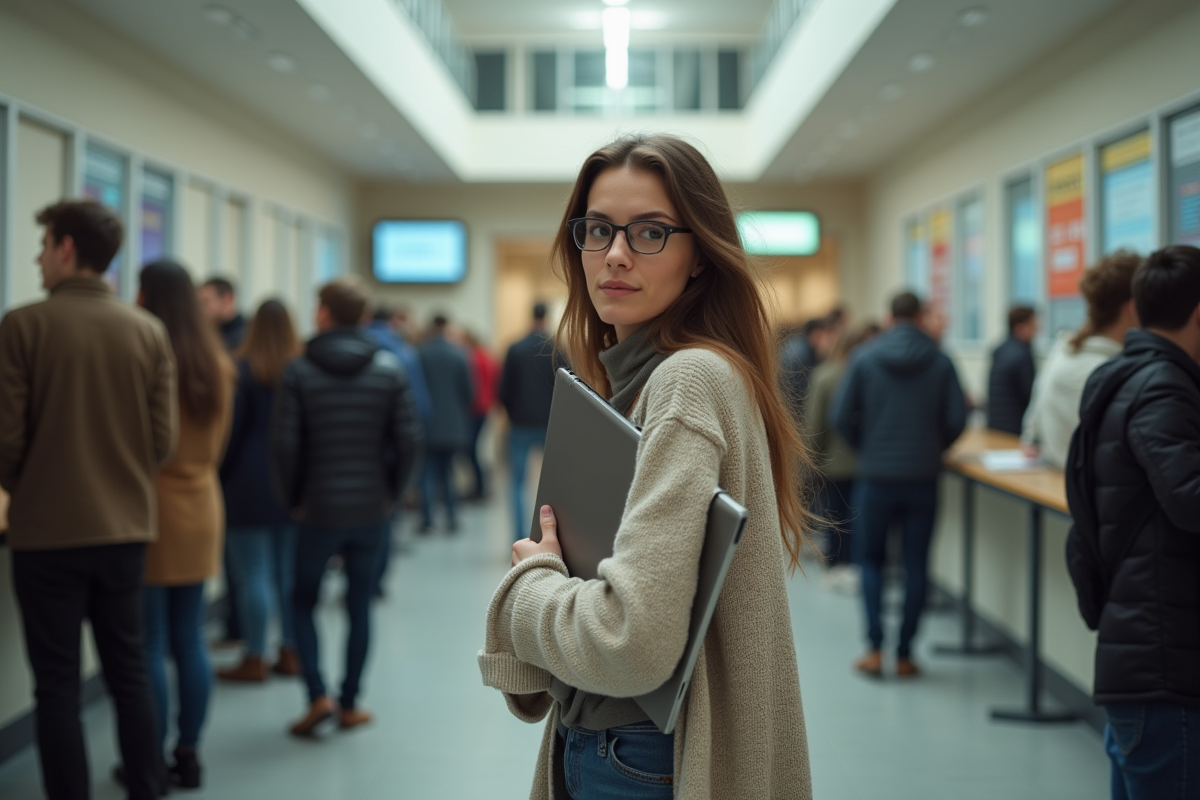 Jeune femme au guichet de mairie avec ticket et laptop