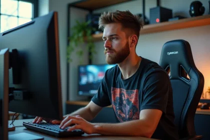 Jeune homme jouant à Cyberpunk 2077 sur un PC haut de gamme