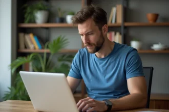 Jeune homme en t-shirt bleu utilisant un ordinateur pour écouter de la musique