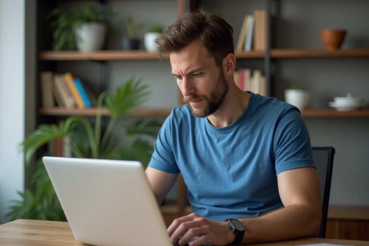 Jeune homme en t-shirt bleu utilisant un ordinateur pour écouter de la musique