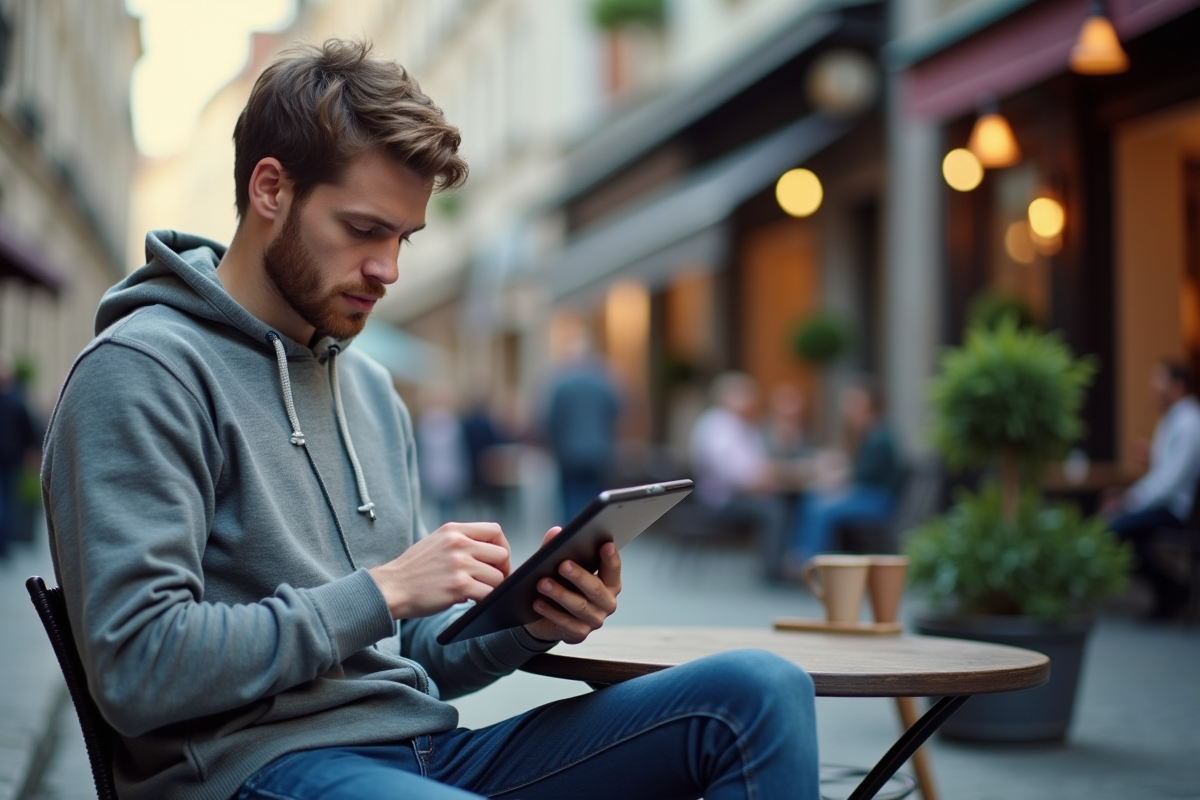 Jeune homme analysant des données marketing en terrasse de café