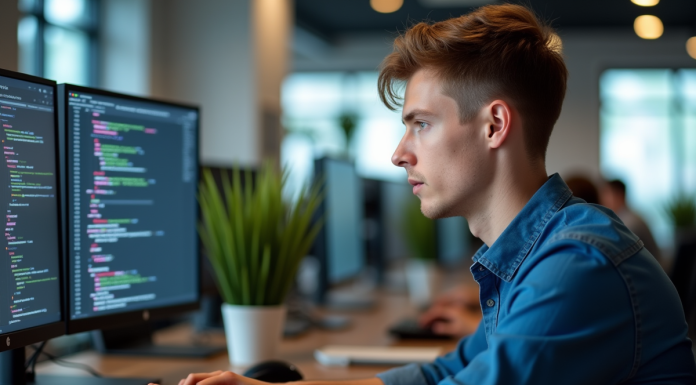Jeune homme concentré travaillant sur deux écrans en bureau moderne