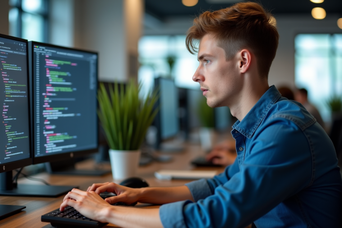 Jeune homme concentré travaillant sur deux écrans en bureau moderne