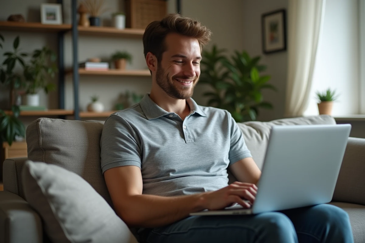 Jeune homme relaxant avec son ordinateur dans le salon