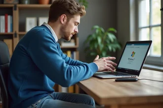 Jeune homme concentré sur une clé USB et un ordinateur portable dans un bureau organisé